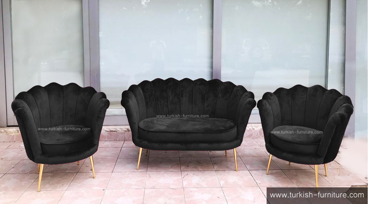 BLACK Oyster Velvet Armchair Mini Sofa Set 2+1+1